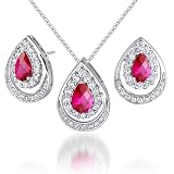 Classic Beauty 3.50 carats Pear Checkerboard Shape Created Ruby Pendant Earrings Set in Sterling Silver Rhodium Finish