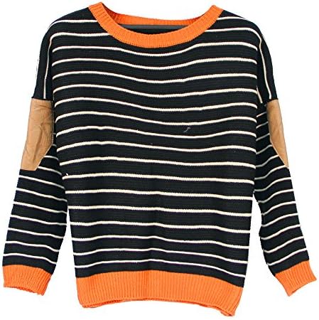 Your Gallery Women's Striped Elbow Patches Knitwear Sweater Round Neck Pullover, black