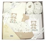 from Pixie Togs Babywear Beige/Cream Teddy Bear Design Onesie Vest Bodysuit, Booties, Hat & Photograph Album Babys 4 Pce Gift Set (0-3 Months)