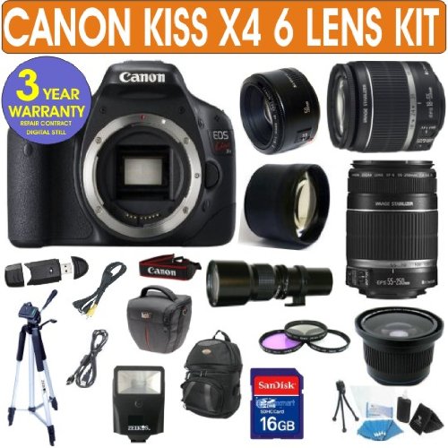 Canon Rebel KISS X4 + Canon 18-55mm Lens + Canon 55-250mm Lens + 500mm Preset Lens + Canon 50mm Lens + .40x Fisheye Lens + 2x Telephoto Lens + 3 Year Celltime Warranty Repair Contract