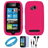 Magenta Soft Smooth Silicone Protective Skin Cover For T-Mobile Nokia Lumia 710 Nokia Windows Phone + Clear Screen Protector + Black Hands-free Headphones + SumacLife TM Wisdom*Courage Wristband