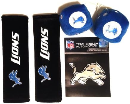 Detroit Lions Ultimate Fan Car Vehicle Seatbelt Pads, Fuzzy Dice &amp; Chrome Emblem 3-Piece Gift Pack Set