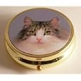 Novelty grey tabby and white cat round pill box - handy for a handbag or purse'