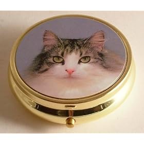 Novelty grey tabby and white cat round pill box - handy for a handbag or purse