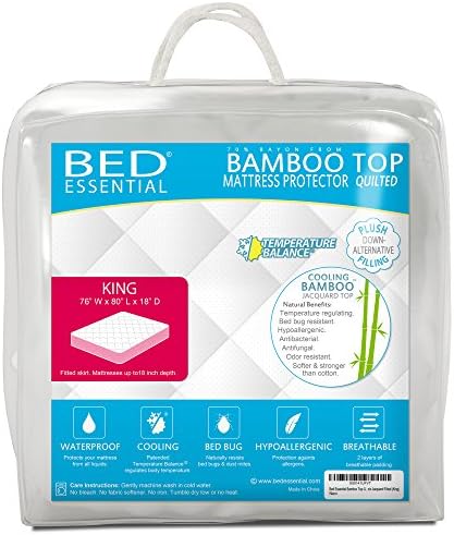 Bed Essential Bamboo Top Quilted Waterproof Mattress Protector Cooling Pillow Topper Cover Pad Bed Bug Hypoallergenic Jacquard Fitted (King)