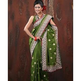 Buy Beautiful Bottle Green Pure Crepe Embroidered Wrap Dress Saree Sari with Unstitched Blouse by Utsav