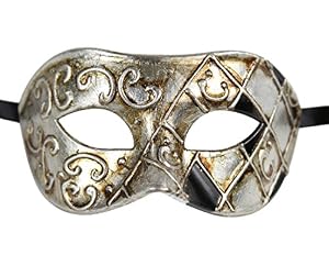 Luxury Mask Men's Vintage Design Masquerade Prom Mardi Gras Venetain, Silver/Black/Antique Finish, One Size