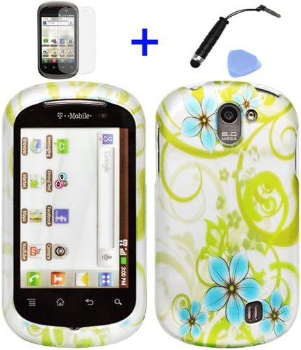 4 items Combo: Mini Stylus Pen + Screen Protector Film + Case Opener + Silver Green Vine Blue Hawaiian Flower Design Rubberized Snap on Hard Shell Cover Faceplate Skin Phone Case for LG DoublePlay C729 / Flip 2 II (T-Mobile)