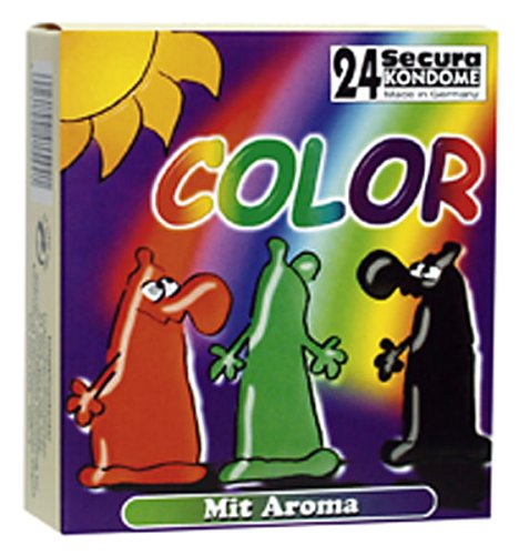 Orion 415448 Secura Color, farbige Kondome mit Aroma: Grün (Pfefferminz), Rot (Erdbeere), Schwarz (Schoko), gesamt 24 Stück