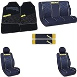 MOMO Auto Accessories Interior Combo Kit 12 Piece Gift Set - Front & Rear Floor Mats, Front Low Back Bucket Seat Covers, Headrest Covers, Rear Bench Seat Cover & Shoulder Belt Pads - Black/Yellow