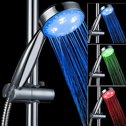 Chrome Showerhead with Red/Green/Blue LED -Water Powered,Color Changing, Tempuratue Control, Heat Sensor, Handheld LED Showerhead (LED Multi-color)