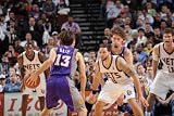 Phoenix Suns v New Jersey Nets, Newark, NJ - February 28: Steve Nash and Deron Williams Photographic Poster Print by David Dow, 28x42