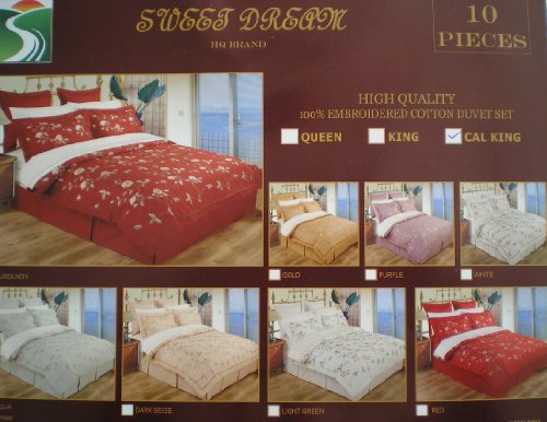 10 Piece Full / Queen Beige 100% Cotton High Quality Emboridery Duvet Cover Bedskirt and Sheets Set