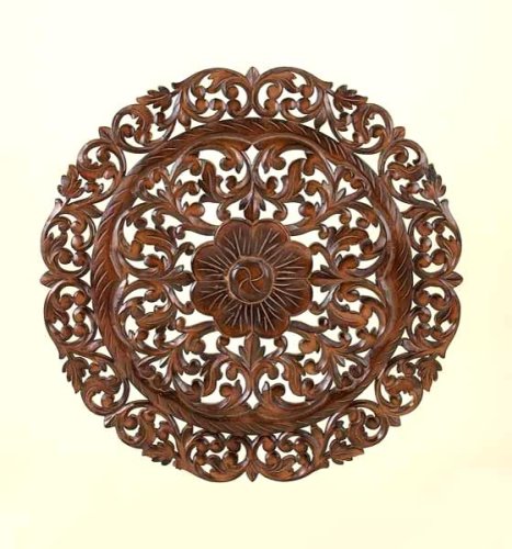 Beautiful Ancient Indain Style HAND CRAFTED WOODEN CIRCLE WALL PLAQUES with Flower Design (Set of 4)