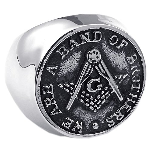 KONOV Mens Stainless Steel Ring, Freemason Masonic, Black Silver