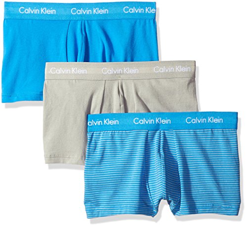 Calvin Klein Men's 3 Pack Cotton Stretch Low Rise Trunk, Maya Blue/Medium Grey Stripe/Medium Grey, Medium