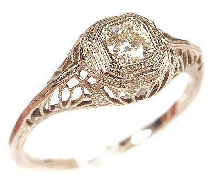 14k White Gold Edwardian Style Filigree Moissanite Ring