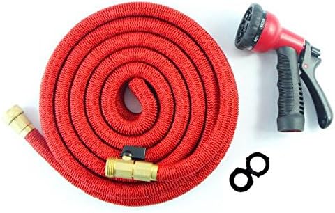 50FT HEAVY DUTY Expandable Hose Set with 8 Function Rust-free Nozzle-DOUBLE Latex Core, Extra Strength Fabric, Solid Brass Ends with Shut off Valve, 2016 Design, Warranty Inc