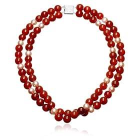 Dyed Red Agate Bead and Freshwater Cultured Pearl Double Strand Necklace by Agate Jewelry