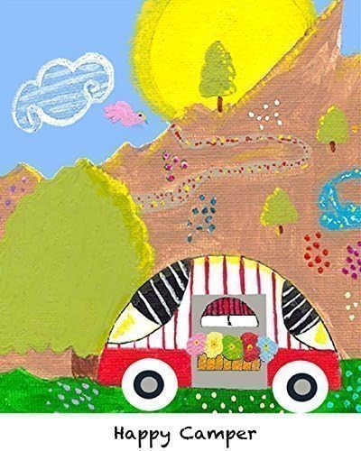 Camper Art Print: Happy Camper. Trailer, RV, Vintage, Motor Home. Mountains, Sun, Canvas Paper.