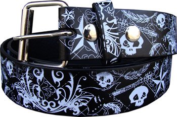 Black Skulls, Stars and Guitars Printed Imitation Leather Belt