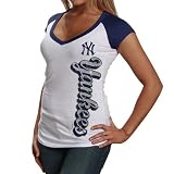 New York Yankees Ladies White Side Script V-Neck Raglan T-shirt
