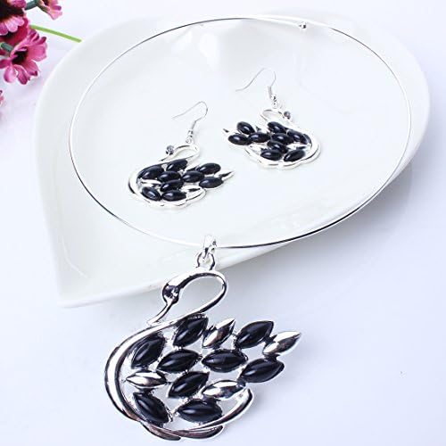 Blingbling Jewelry Graduated Swan Turquoise Silver Plated Circle Black Crystal Resin Necklace Earrings Jewelry Set (Black)