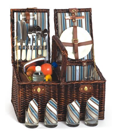 Rich 4-Person Hand Woven Stained Willow Picnic Basket Set with Insulated Cooler