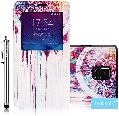 Galaxy Note 4 Case, Tradekmk(TM) Brand New Fashion High Quality Flip Leather Window View Design Display Caller ID Time Table Slim Fit Case Cover[Colored Drawing-Abstract Painting] Compatible with Samsung Galaxy Note 4[+Stylus]