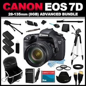 Canon EOS 7D 18 MP CMOS Digital SLR Camera 3-inch LCD with 28-135mm Lens (8GB Advanced Bundle Kit) includes x3 Batteries, Charger, Case, Memory Card, Memory Card Wallet, HDMI Cable, Table Tripod, Full Size Tripod, Monopod, USB Card Reader, x3 Filters, Lens Hood, Rubber Hood, Dust Blower, Lens Pen, C
