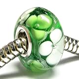 Sterling Silver Green White Murano Flower Glass Bead For Pandora Troll European Charm Bracelets 12.5mm