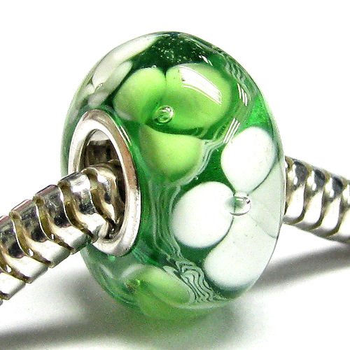 Sterling Silver Green White Murano Flower Glass Bead For Pandora Troll European Charm Bracelets 12.5mm