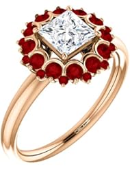14K Rose Gold Princess Cut Diamond and Ruby Flower Inspired Ring -- LIFETIME WARRANTY