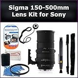 Ultimate 150-500mm f/5-6.3 DG OS HSM APO Autofocus Lens Kit for Sony SLT-A33, SLT-A55, SLT-A35 Digital SLR Cameras. Package Includes: Sigma 150-500mm Lens, UV Filter, Lens Cap Keeper, Lens Cleaning Pen, Monopod, LCD Screen Protectors, and Cleaning Kit with SSE Microfiber Cleaning Cloth
