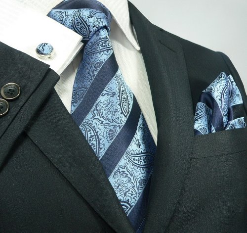 Landisun 80H Navy Blue Paisleys Mens Silk Tie Set: Tie+Hanky+Cufflinks Exclusive
