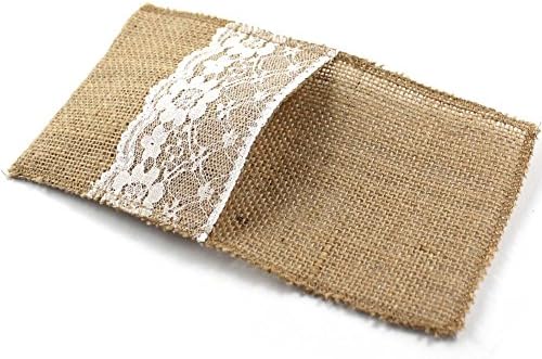 50Pieces Vintage 4"x8" Hessian Burlap Lace Wedding Tableware Pouch Cutlery Holder Decorations Favor