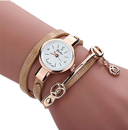 Omita® Women Vintage Leather Strap Metal Bracelet Watch Wristwatch (Gold)