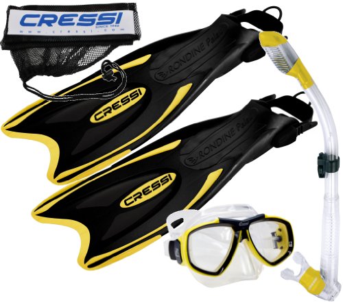 Cressi Palau Long Fins, Focus Mask, Dry Snorkel, Snorkeling Gear Package