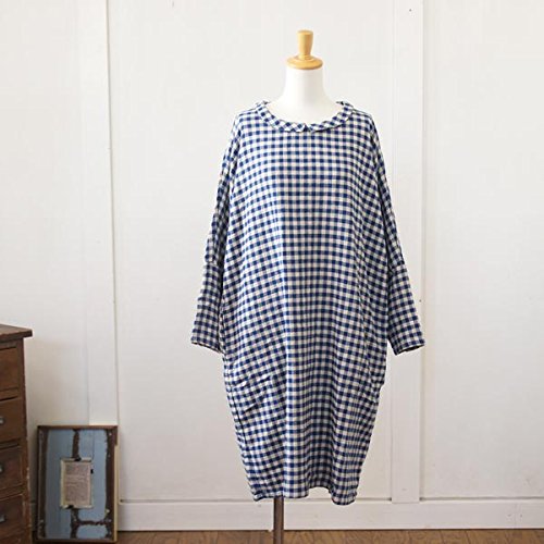 (イチ) ICHI ラウンドネック　ヘリンボンギンガムチェック長袖ワンピース