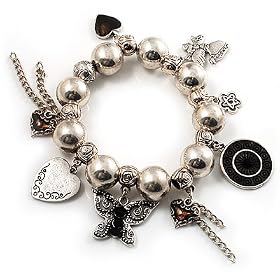 Vintage Bead Heart&Butterfly Charm Flex Bracelet (Anique Silver Tone)