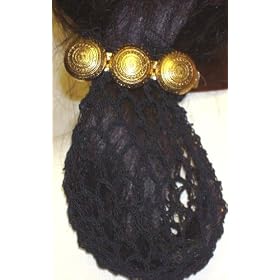 Hand Crocheted Black Rayon Cotton Gimp Small Dress Snood Mounted on French Barrette with Three...