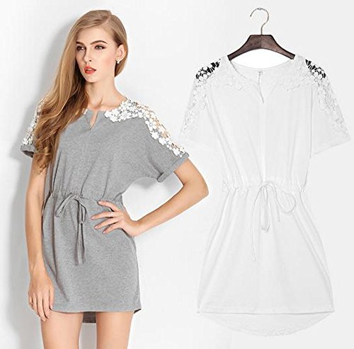 ワンピース チュニックワンピース カットソー 大きい サイズ 有 ラウンド ネック ワンピ 半 袖 T シャツ ショルダー フラワー レース トップス 白 (オリジナル・ブレスレットとサシェセット)