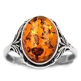 Sterling Silver Baltic Amber Oval Classic Ring 10x14mm Cabochon