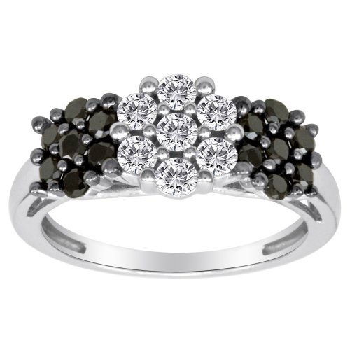 14k White Gold Black and White Diamond Cluster Ring (1 cttw, H-I Color, I2-I3 Clarity)
