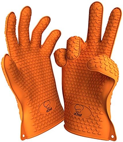 uChef Silicone BBQ Gloves - Best Heat Resistant - Multi-Purposes: BBQ, Grilling, Baking, Oven - Protect Your Precious Hands, Handle Extreme Hot Food, 1 Size Fits Most (1 Pair - Orange)