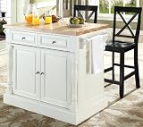 Butcher Block Top Kitchen Island in White Finish with 24'' Black X-Back Stools