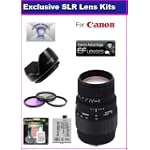 Sigma 70-300mm f/4-5.6 DG Macro Telephoto Zoom Lens For Specific For The Canon EOS 5D 7D With Super Saver Accessory Package Kit Includes High Resolution 3 piece Filter Kit, Flower Lens Hood + 6 Year Extended Lens Warranty + 1 Replacement Canon LP-E6 Battery Pack + More