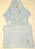 Knitted on Hand Knitting Machine Finished By Hand Crochet Blue Chenille Denim Cotton Tweed Infant Boys Outfit Cardigan Hat Set Trimmed with Teddy Bear Patch and Matching Blanket