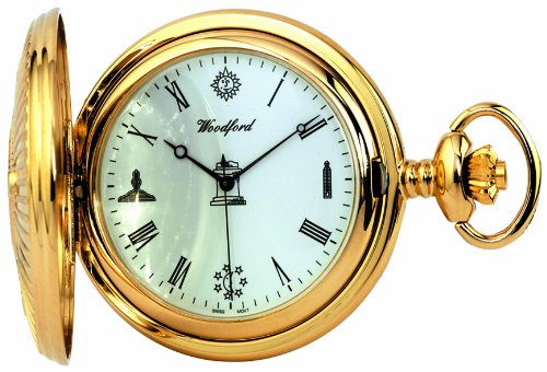 Woodford Quartz Full-Hunter Pocket Watch, 1214, Men's Gold-Plated Masonic Pattern with Chain