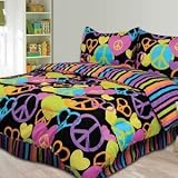 Bright Black Pink Purple Peace Love Girls Teen Full Comforter Set